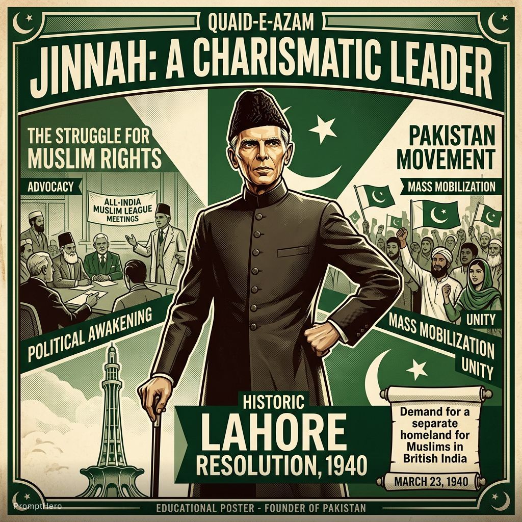 Design an educational poster titled  Jinnah A Cha...