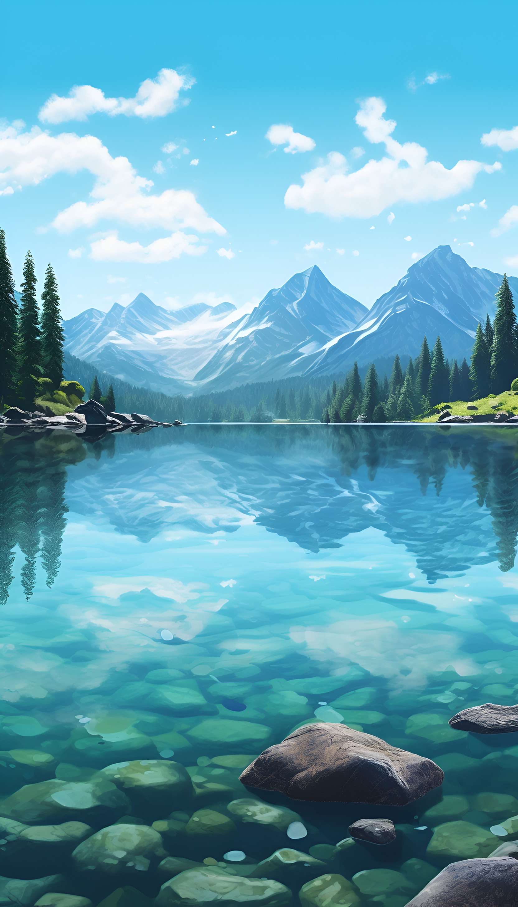 A crystal-clear mountain lake reflecting the surrounding scenery