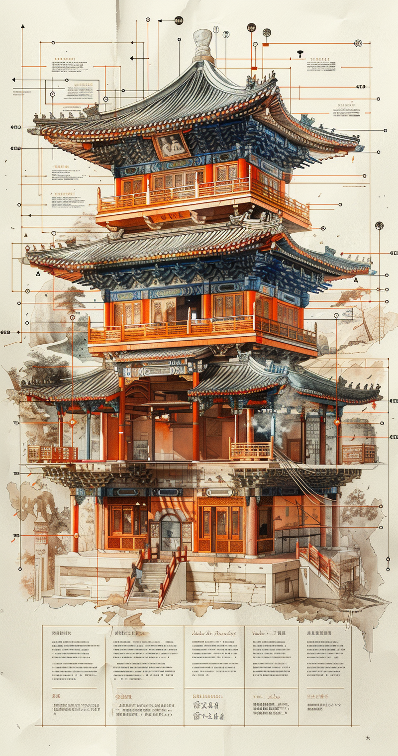 A detailed crosssection of the ancient Chinese tower