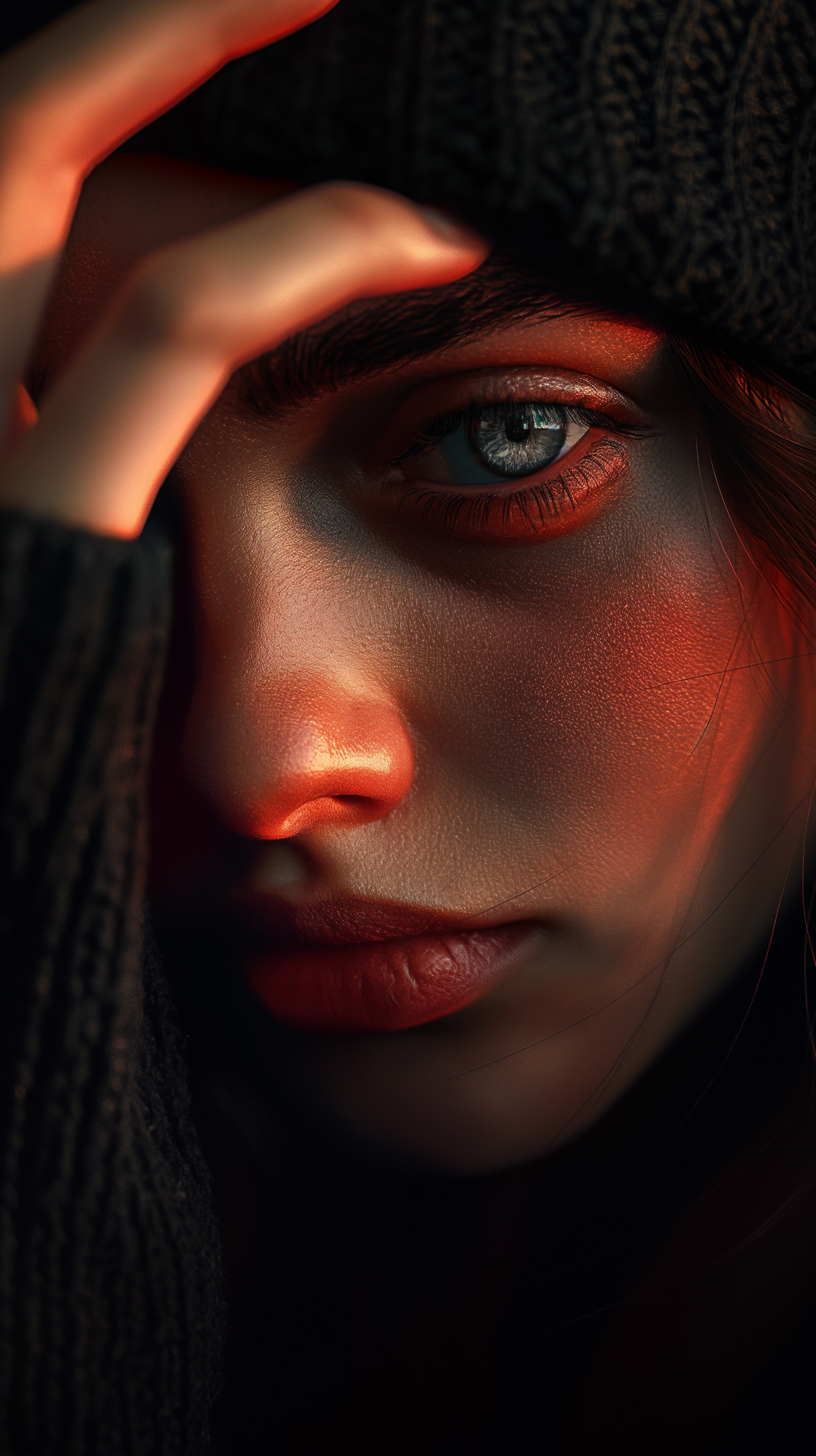 image of a woman with a thoughtful expression, cov...