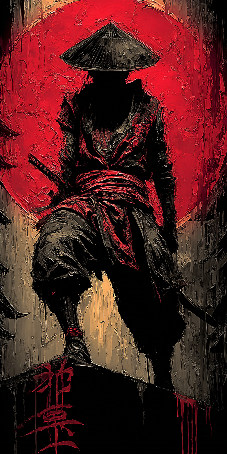 samurai, palette knife technique, heavy impasto --...