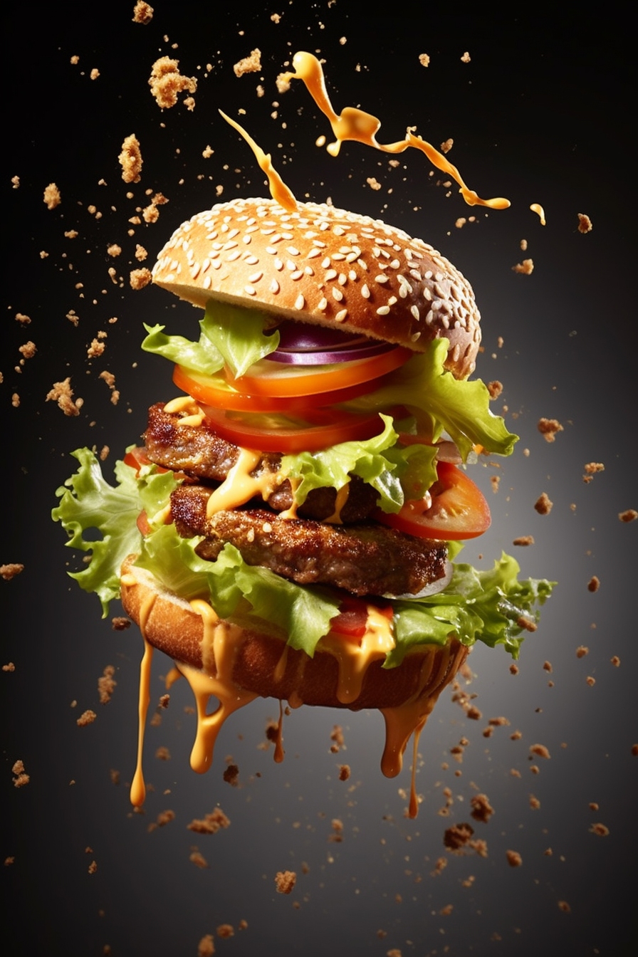 Flying food photography with [Two Burgers]