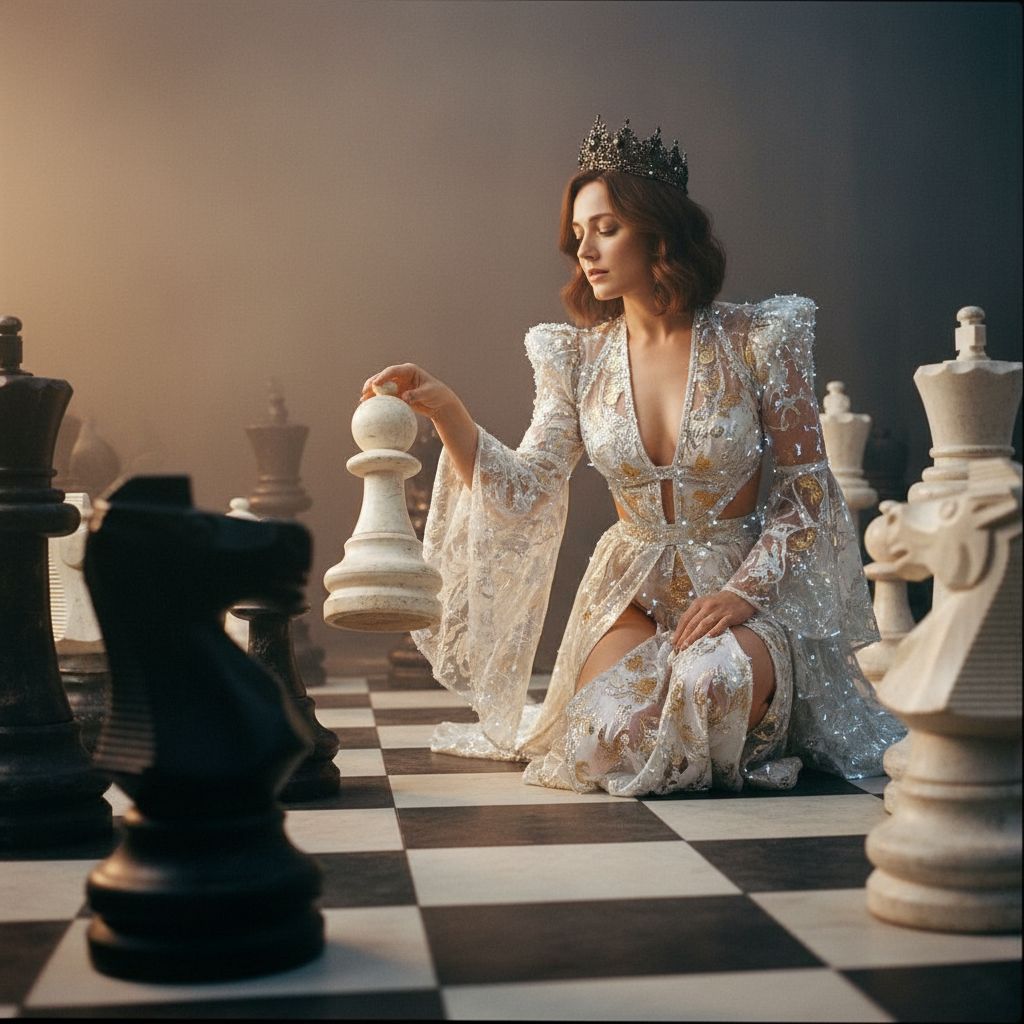 The uploaded woman as the white queen on a giant c...