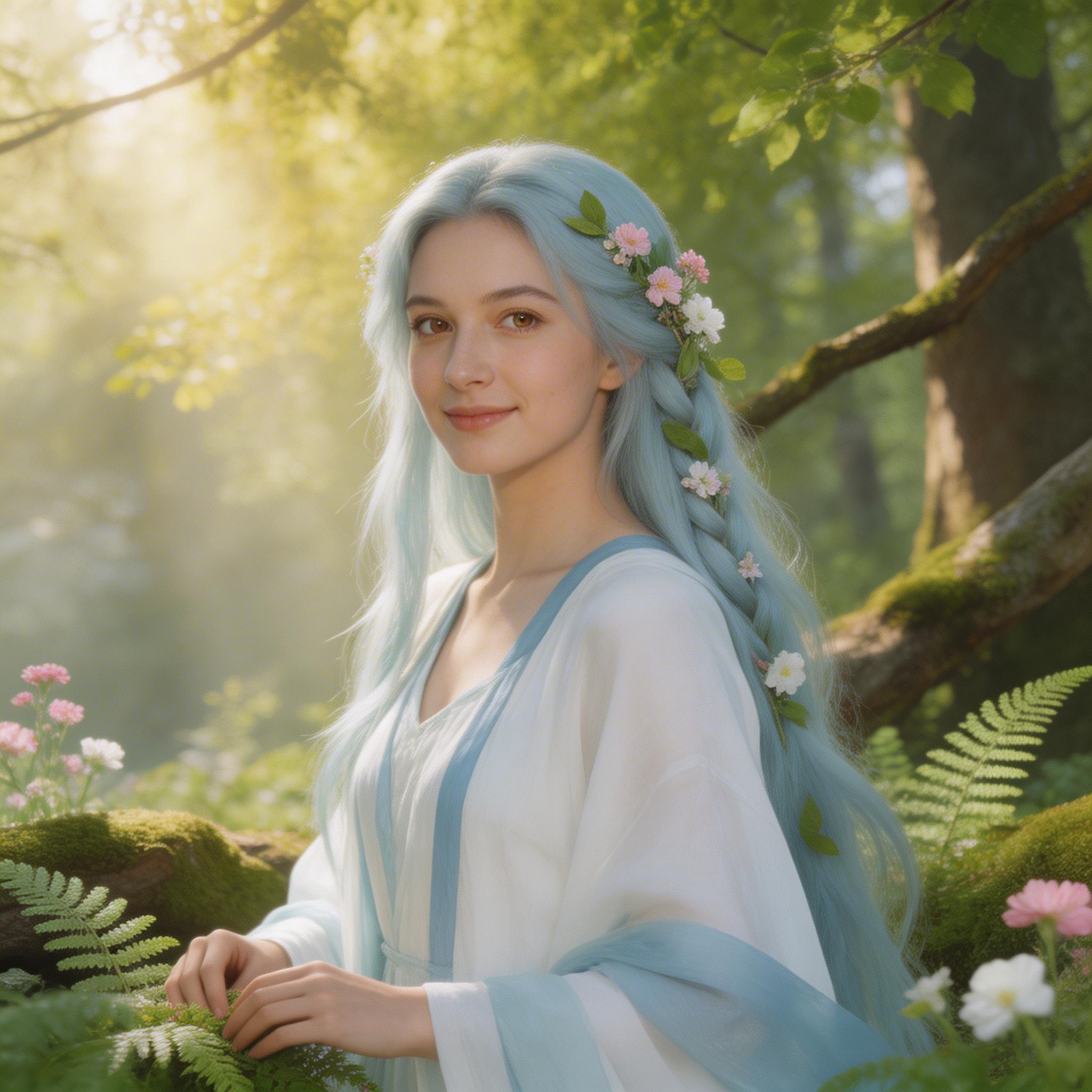 A serene nymph with flowing, pale blue hair, adorn...